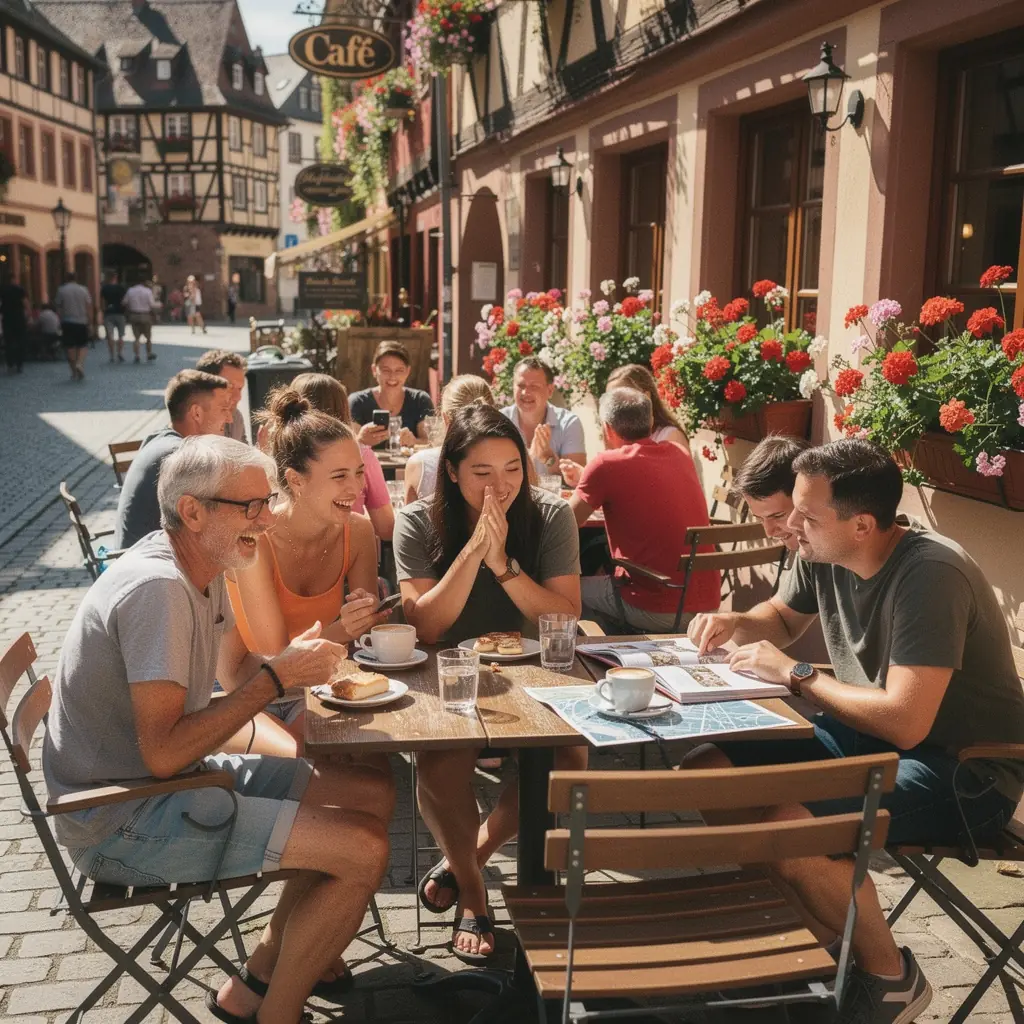 Touristen erkunden die belebten Straßen einer deutschen Stadt während eines Stadtbummels.